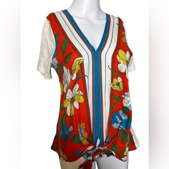 Anthropologie Short Sleeve Front Tie Casual Shirt Red Orange Size Small - Picture 3 of 4